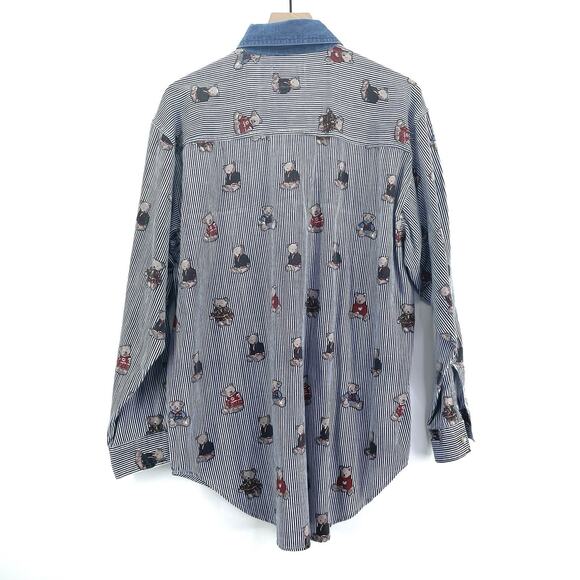 VTG Quizz Button Up Shirt Women Large Bear Railroad Stripe Denim Woven Novelty - Picture 4 of 6